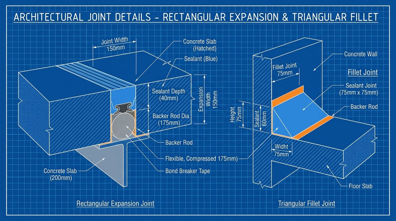 Architectural CAD diagram showing rectangular expansion joint with backer rod and triangular fillet corner joint cross sections