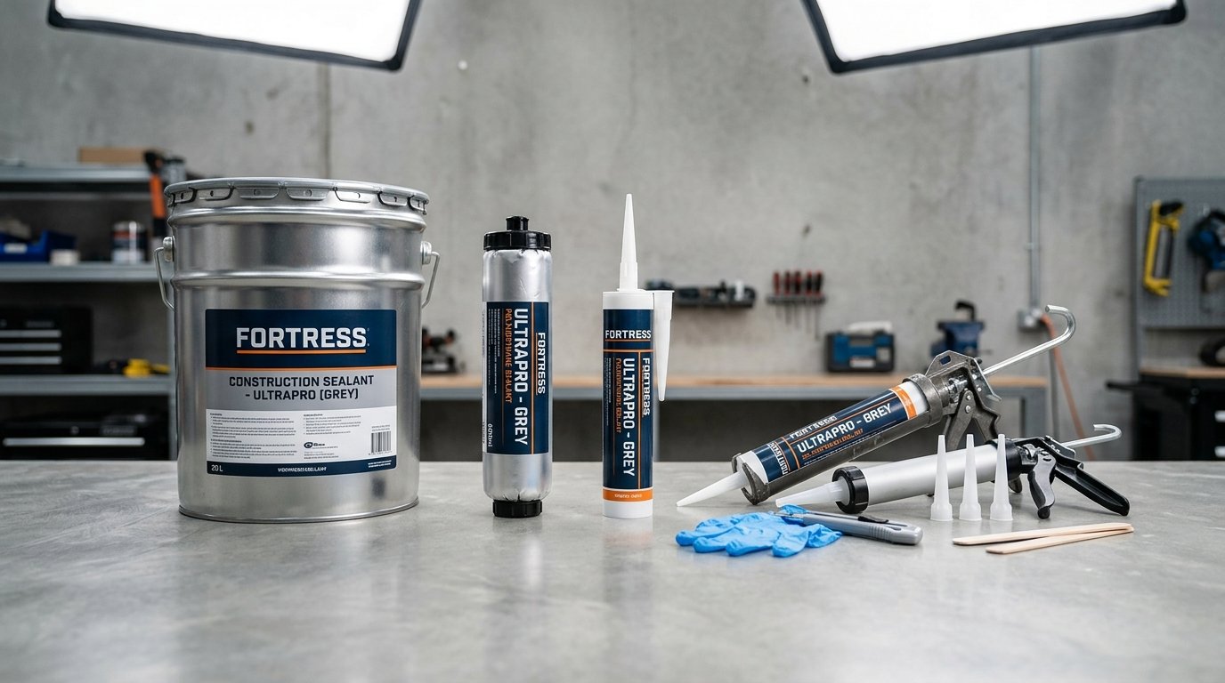 Commercial sealant packaging formats showing 20-liter bulk pail, 600ml foil sausage pack, and 300ml cartridge with dispensing tools
